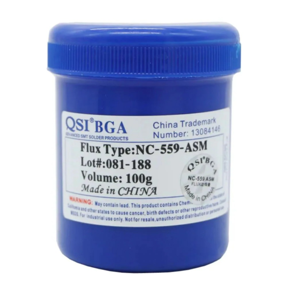 Pote Flux QSI BGA NC-559-ASM 100g etiqueta frontal pasta no-clean