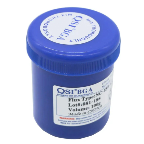 Flux QSI BGA NC-559-ASM 100g tapa MIX THOROUGHLY y etiqueta lateral