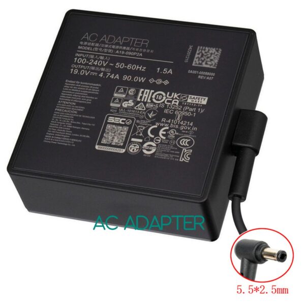 Cargador Notebook ASUS Original 90W 19V 4.74A A19-090P2A Punta 5.5x2.5mm - 1 Etiqueta cargador ASUS A19-090P2A 100-240V salida 19V 4.74A 90W y punta 5.5x2.5mm